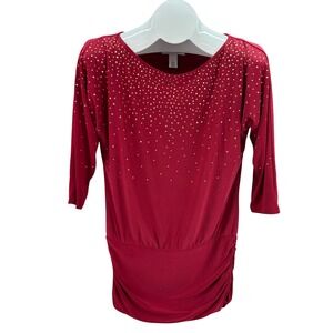 White House Black Market WHBM Red Embellished Ruched 3/4 Sleeve Dress Small